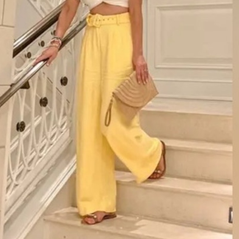 Wide-Leg Belted Linen Pants In Pale Yellow